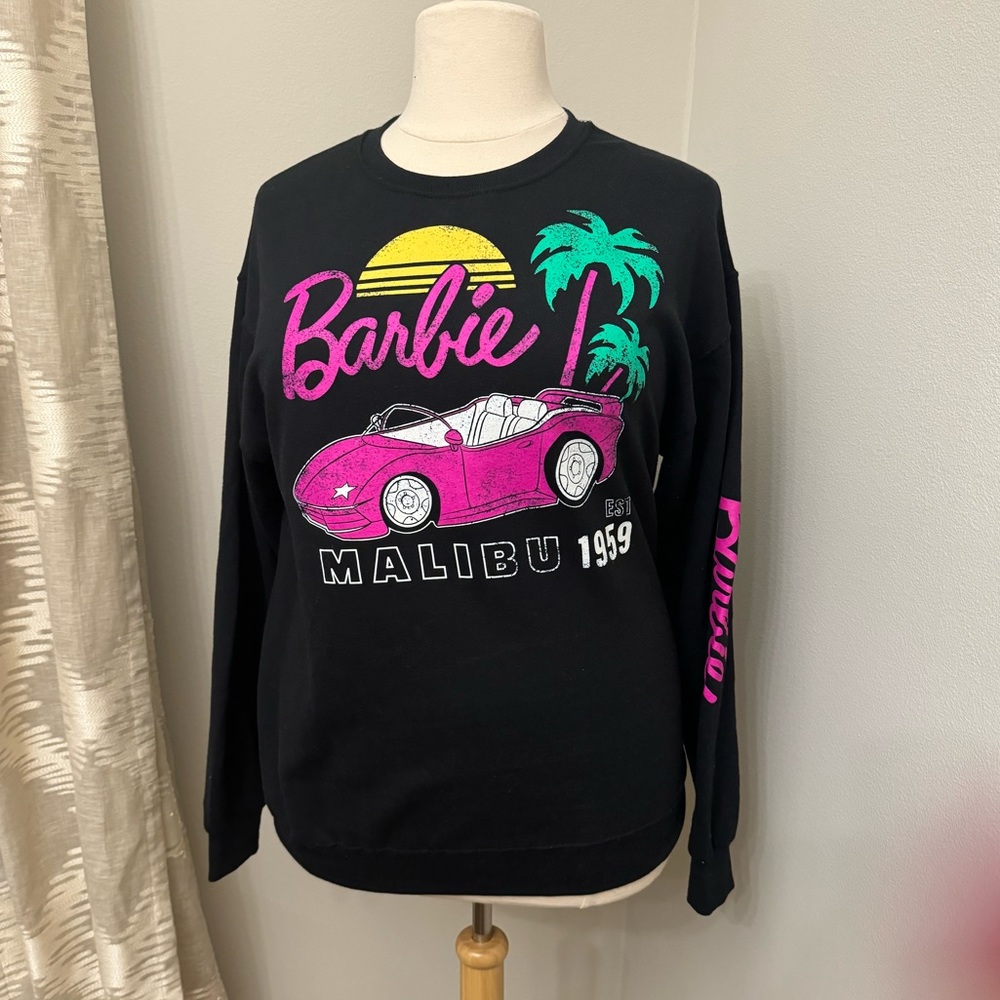 Barbie Black Pullover with Pink Car, Yellow Sun & Teal Palms